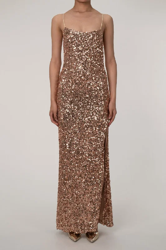 Women's Trendy Garments Sparkly Spaghetti Strap High Slit Sequin Maxi Dress - Bronze Gold