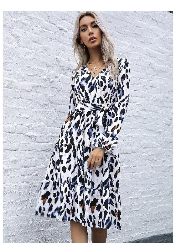 Stylish And Comfortable Clothing For Women Leopard print v neck belted midi dress