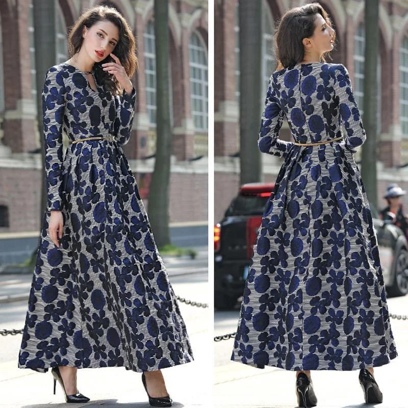 Women's Athletic Apparel Navy Blue Floral Jacquard Long Sleeve Vintage  Formal Maxi Dress