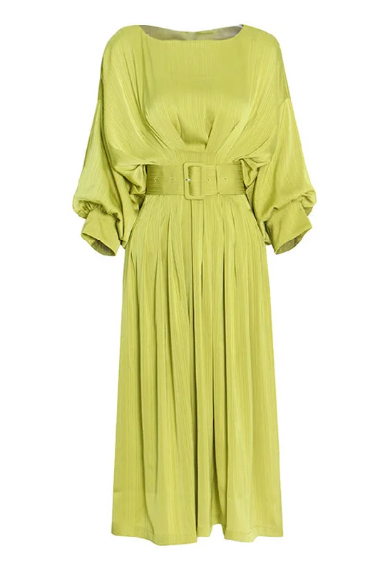 Plus-Size Women's Clothing Silky Satin Boat Neck Belted Cinched Waist Half Sleeve Pleated Midi Dress