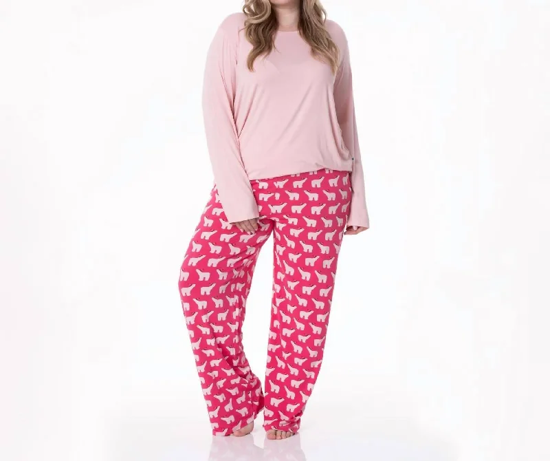 Women's Professional Outfit Long Sleeve Tee & Pajama Pants Set In Winter Rose Polar Bears