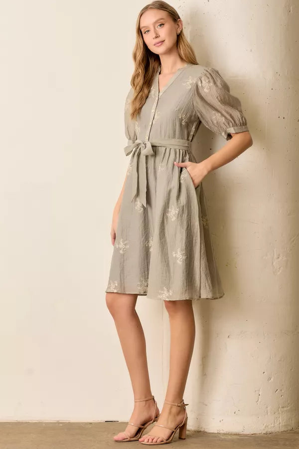 Women's High-Fashion Apparel The Michelle Embroidered Button Front Dress in Dove Gray