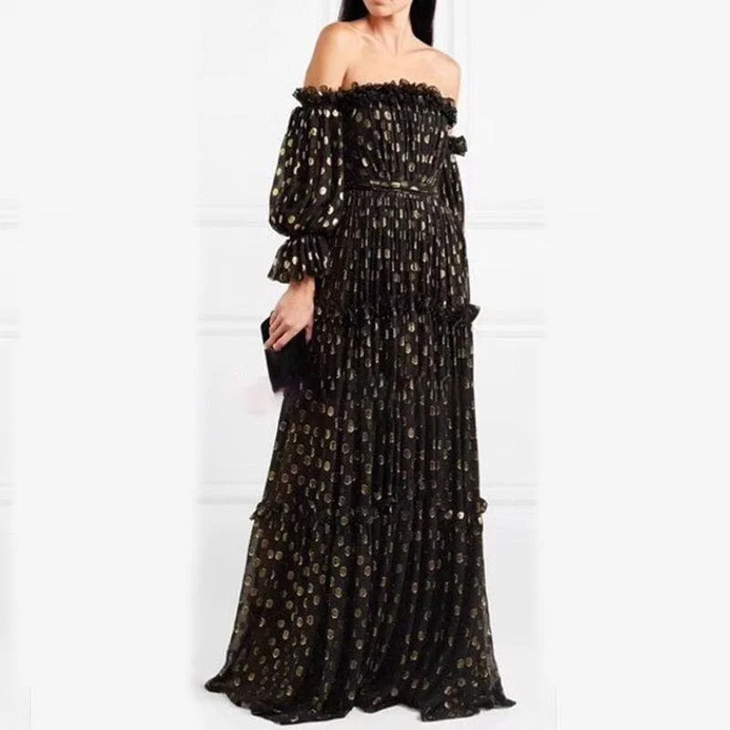 Women's Attire Off Shoulder Sexy Puff Long Sleeve Leopard Maxi Dress