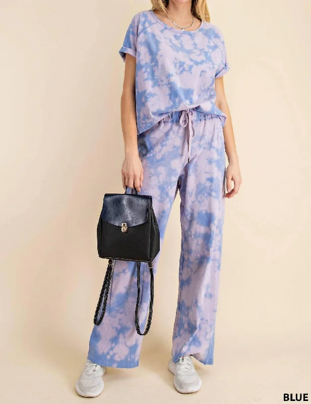 Women's Chic Outfit Tie Dye Short Sleeve Top And Wide Leg Pants Set In Blue