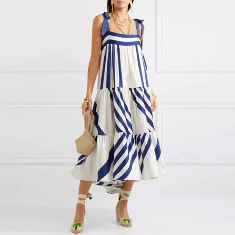 Women's Holiday Attire Blue and White Striped Spaghetti Strap Long Back Less Bow Lace Up Maxi Dress