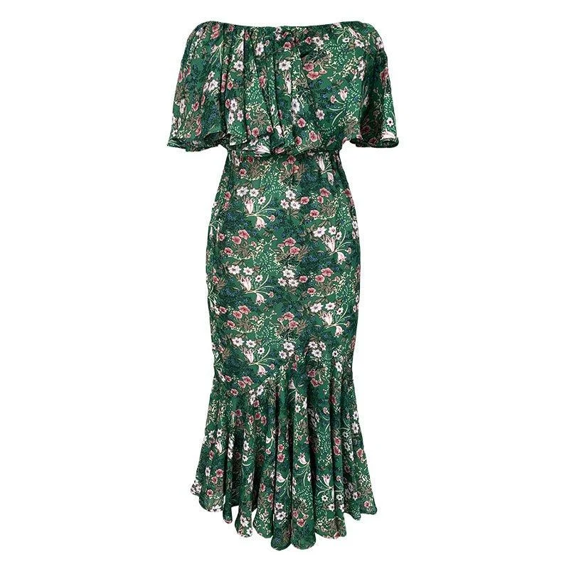 Women's Seasonal Apparel Green Ruffle Chiffon Floral Maxi Dress