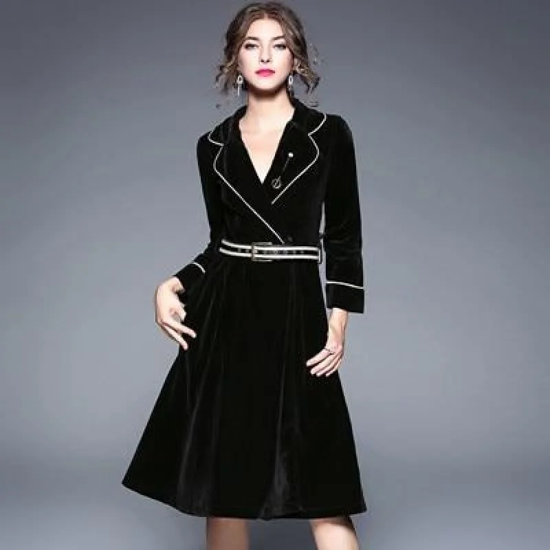 Women's Effortless Casual Outfit Velvet A-line Solid Long Sleeve Notched Collar Business Wear Midi Dress