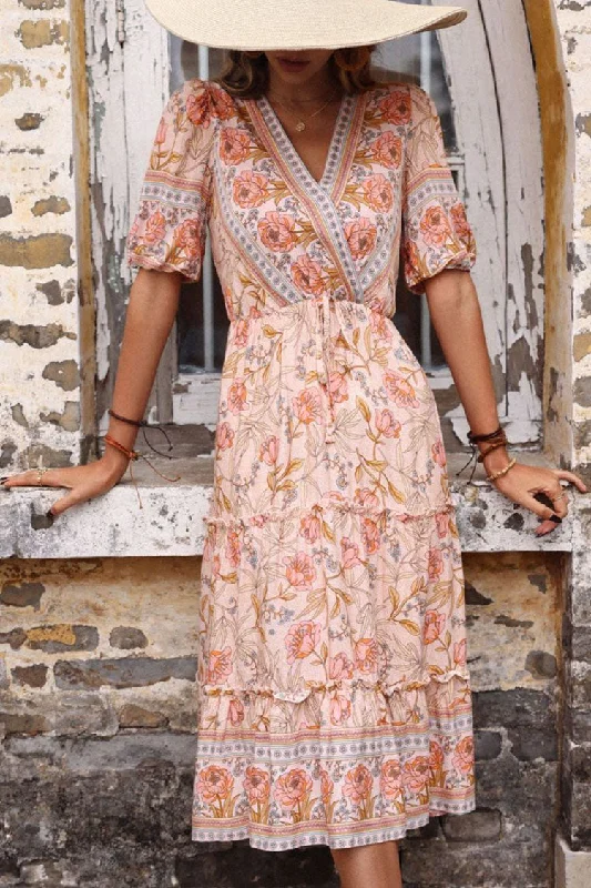 Women's Floral Print Outfit Boho Chic V Neck Ruffle Tiered Floral Printed Midi Dress - Pink