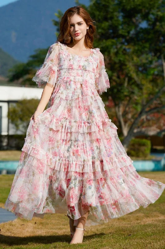 Women's Vacation Garments Romantic Square Neck Summer Floral Tulle Ruffle Layered Evening Maxi Dress - Pink