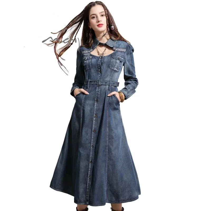 Chic Clothing For Women Vintage Embroidery Belted High Waist Denim Boho Dress