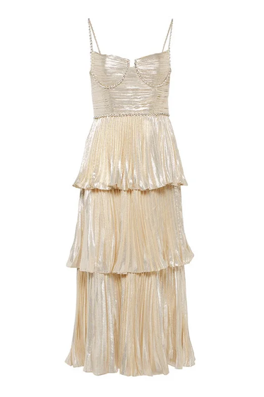 Women's Holiday Attire Sparkly Crystal Bustier Sleeveless Metallic Pleated Tiered Cocktail Midi Dress