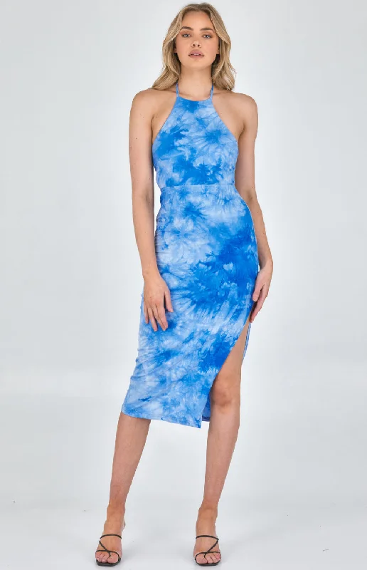 Women's Stylish Vacation Attire Tie Dye Halter Neck Jersey Dress