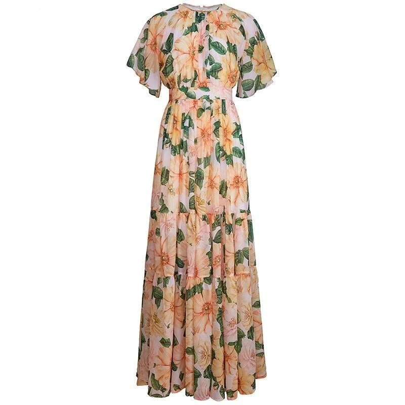 Women's Luxury Apparel Yellow Chiffon Floral Print Elegant Boho Holiday Party Maxi Dress