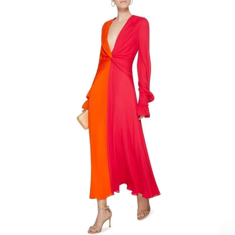 Women's Comfortable Clothes For Weekends Colorblock Patchwork  V Neck Lantern Sleeve High Waist Cross Ankle Maxi Dress