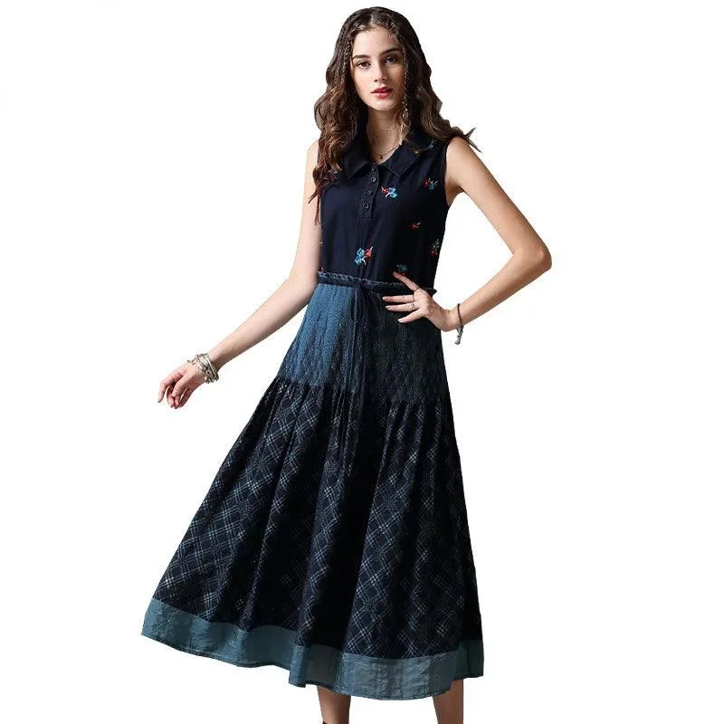 Women's Fashionable Clothing Sets Peter Pan Collar Sleeveless Swing Hem A-line Denim Dress