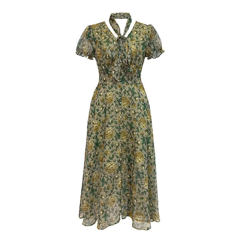 Women's Evening Apparel Green V-neck French Retro Floral Long Maxi Chiffon Dress