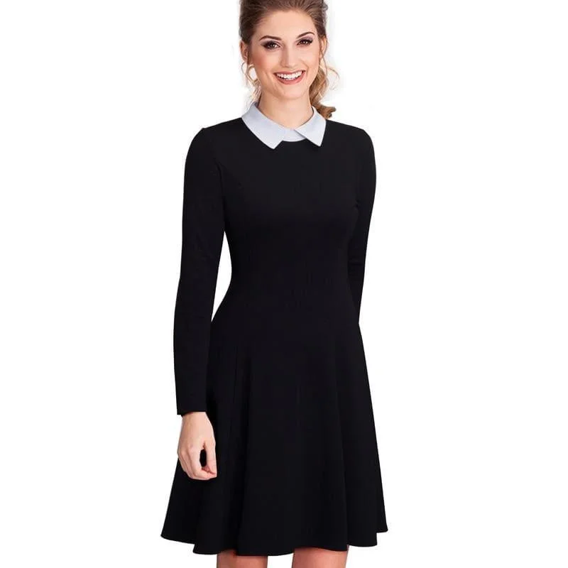 Stylish Women's Attire Office Business Pleated A-line Dress Classic Turn-down Collar Black Midi Dress