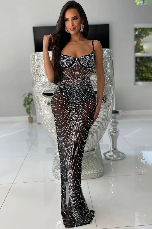 Women's Comfortable Lounge Attire Sexy Rhinestone Bustier Sheer Mesh Sleeveless Split Evening Maxi Dress - Black