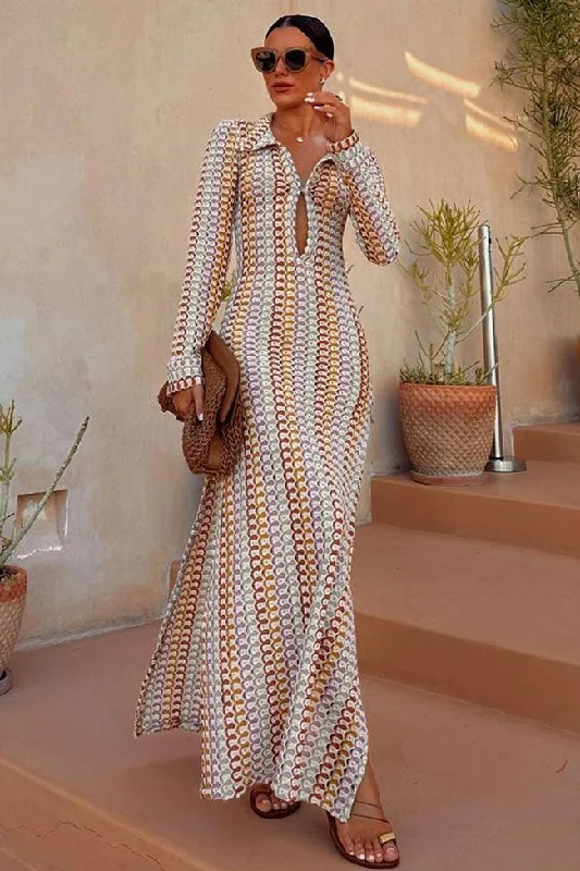 Women's Formal Apparel Boho Collared V Neck Split Wavy Striped Crochet Beach Vacation Maxi Dress - Brown