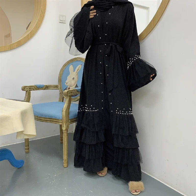 Women's Stylish Casual Garments Black Arabic Beaded Abaya Maxi Dress