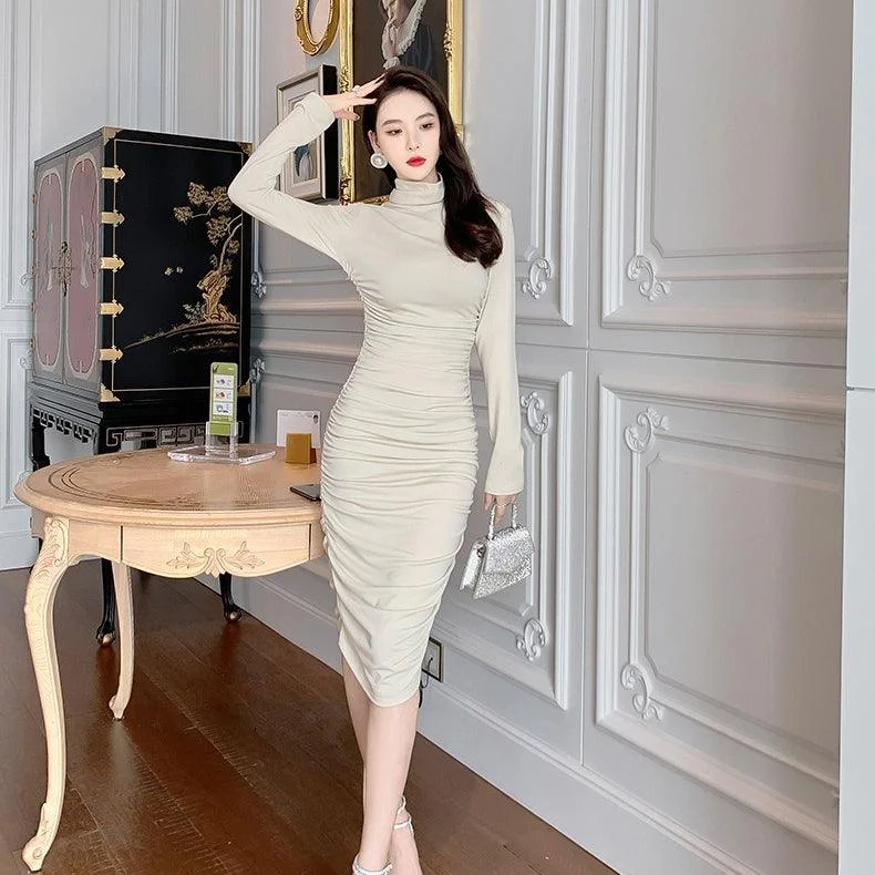 Casual Garments For Women Turtle Neck Chiffon Long Sleeve Bandage Midi Dress