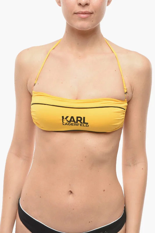 Affordable Women's Garments Karl Lagerfeld Solid Color Bandeau Bikini Top with Printed Contrasting Logo