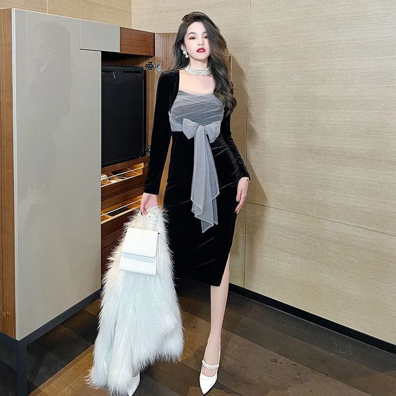 Women's Formal Clothes Black Square Collar Bow Knot Party Midi Dress