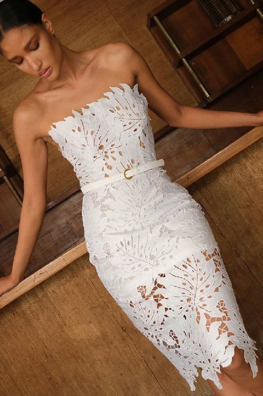 Formal Garments For Women Glamorous Leaf Laser Cut Strapless Bandage Cocktail Midi Dress - White