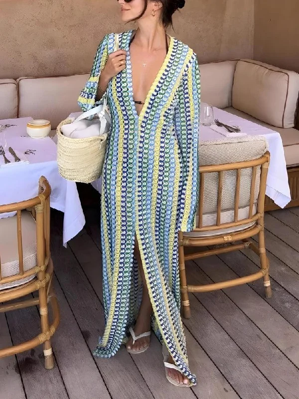 Women's Clothing For Outdoor Activities Crochet Striped Plunge Neck Maxi Dress