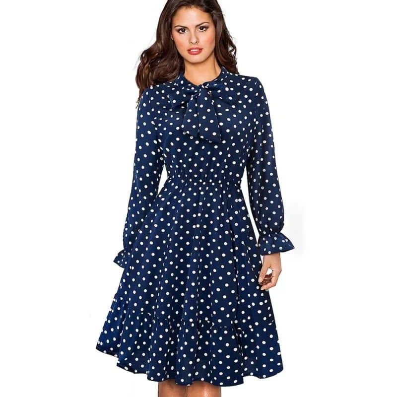 Women's Workout Clothing Vintage Polka Dots Pinup Bow Flare A-Line Swing Midi Dress