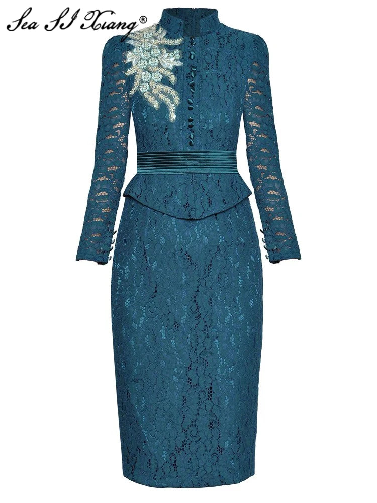 Women's Plus-Size Garments Blue Embroidery Long Sleeve Beaded Lace Midi Dress