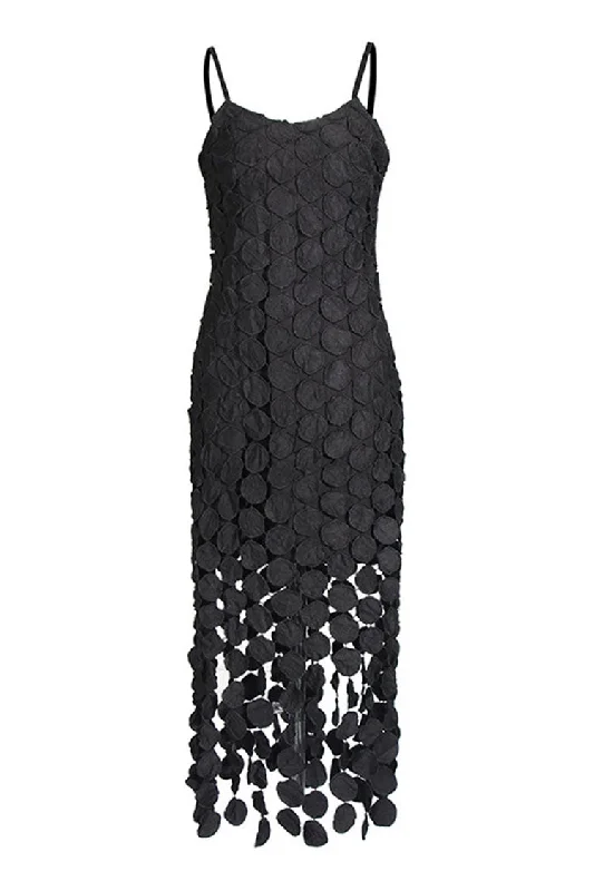 Women's Clothes Flowy Scoop Neck Laser Cut Circle Fringe Sleeveless Cocktail Midi Dress