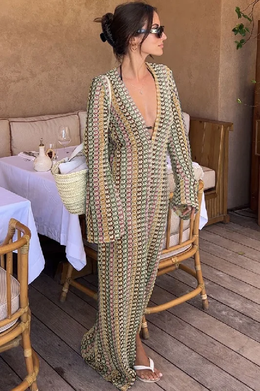 Women's Plus-Size Casual Outfit Boho V Neck Bell Sleeve Wavy Striped Crochet Beach Vacation Maxi Dress - Brown