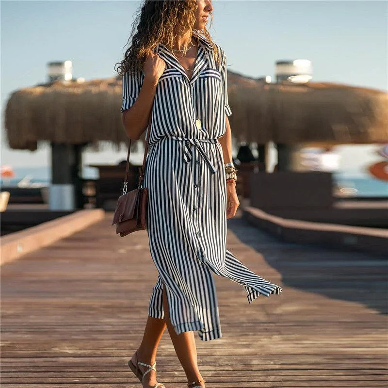 Fashion-Forward Women's Clothing Casual Striped Shirt Long Dress