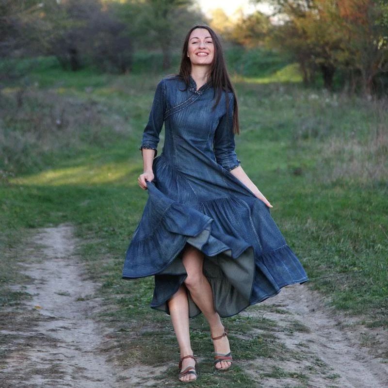 Women's Vintage Attire Vintage Women Three Quarter Sleeve A-Line Blue Denim Maxi Dress