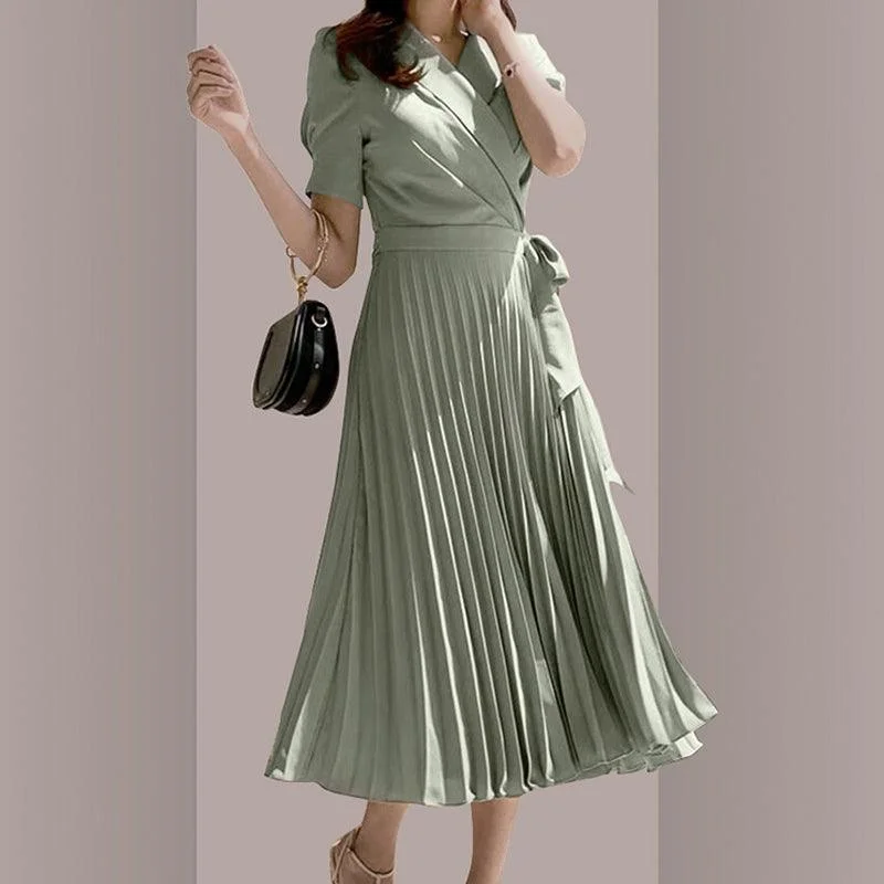 Women's Clothing For Travel Vintage Pleated Swing Chiffon Midi Dress