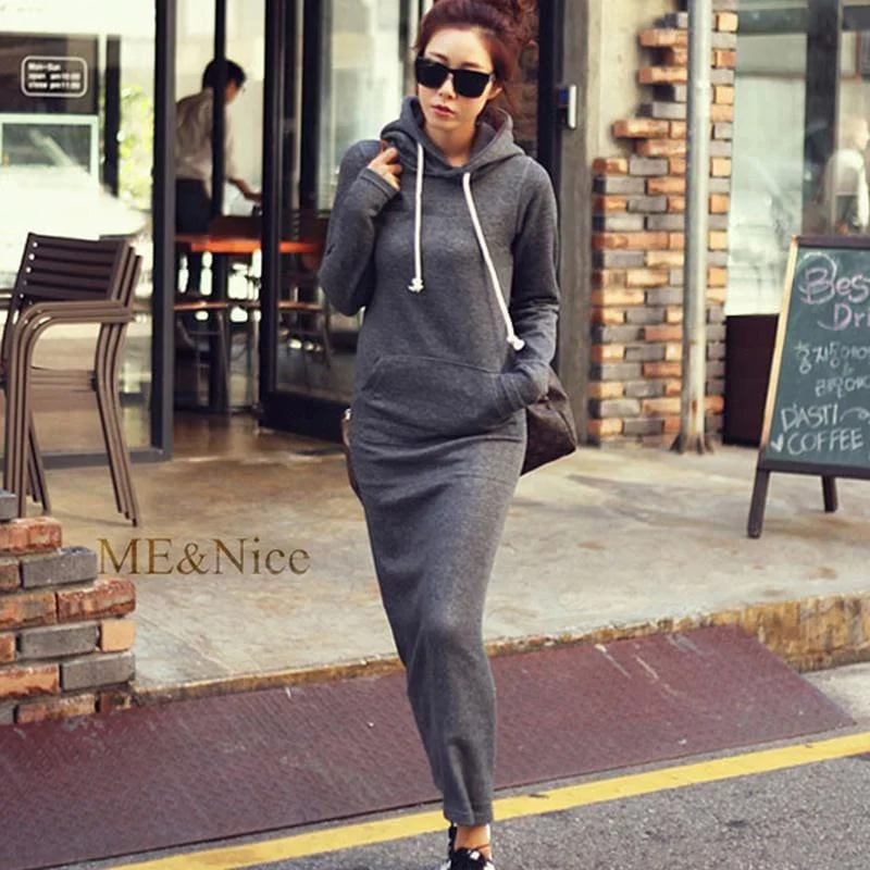 Women's Clothes For Work Fur Fleece Hooded Long Sleeve Sweater Maxi Dress