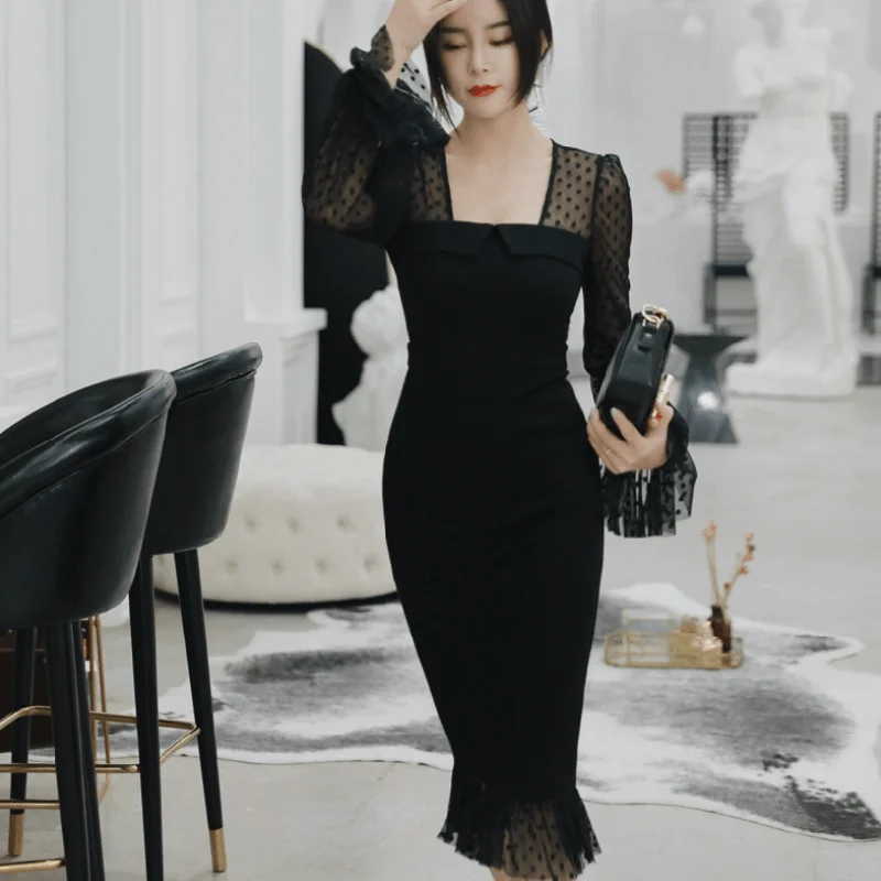 Women's Vintage Clothes Square Neck Black Mesh Long Sleeve Midi Dress