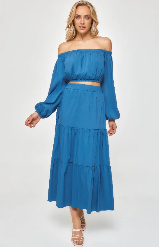 Women's Casual Attire Set with Off the Shoulder Top and Tiered Maxi Skirt