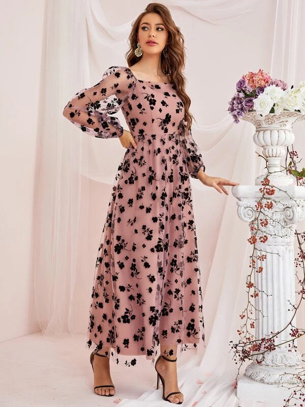 Women's Formal Apparel Lantern Sleeve Floral Mesh Dress