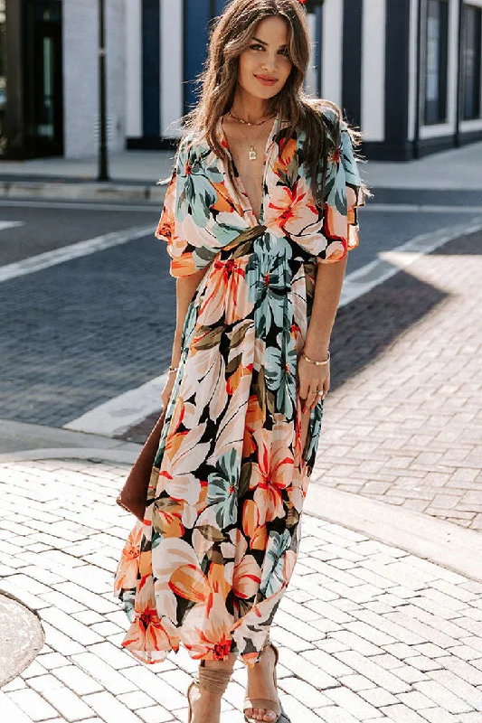 Women's Effortless Casual Outfit Breezy V Neck High Split Chiffon Beach Vacation Maxi Dress - Floral