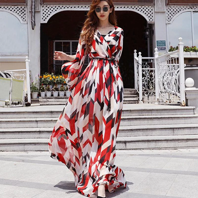 Women's Clothes For Outdoor Events Red and White Chiffon Print Floral Maxi Dress