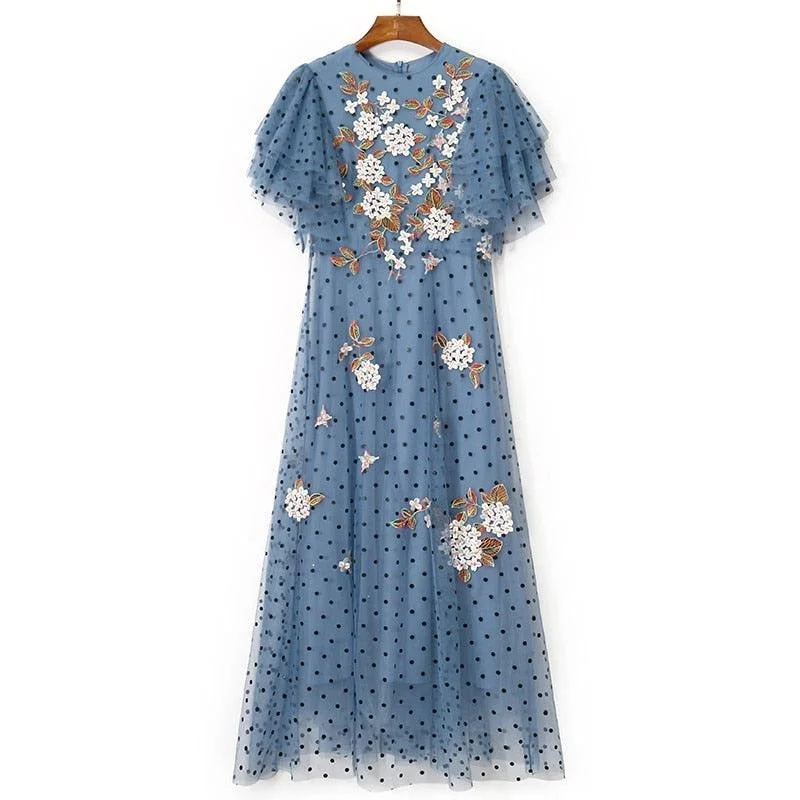 Women's Plus-Size Apparel Summer Vintage Butterfly Sleeve Embroidered Polkadot Blue Mesh Long Dress