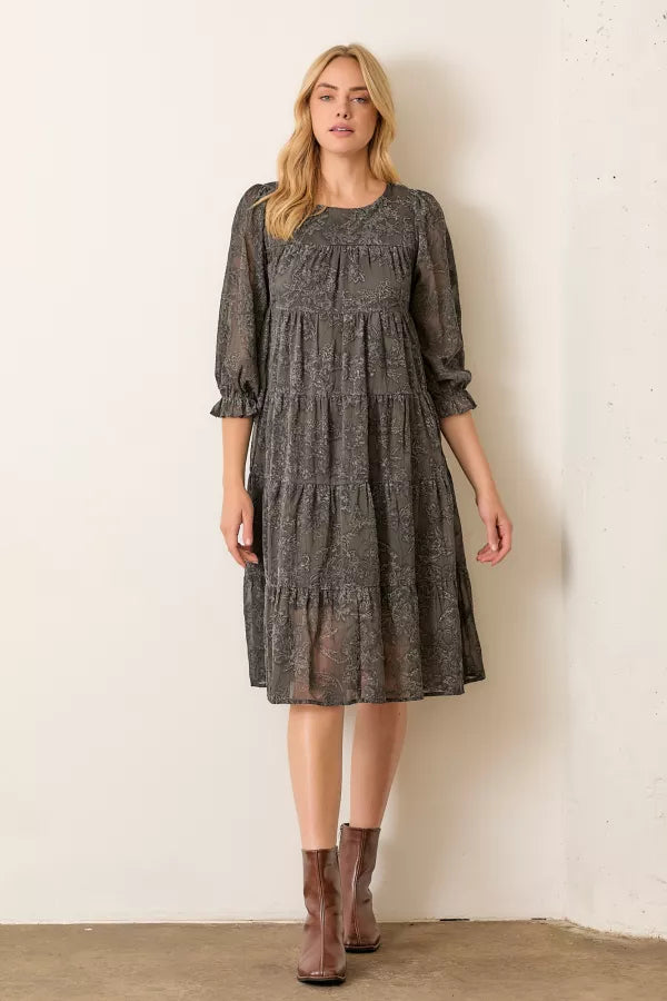 Sustainable Women's Clothes The Jinger Textured Floral Midi Dress in Charcoal - FINAL SALE