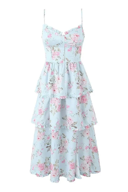 Women's Clothing Sets Vintage Floral Print V Neck Spaghetti Strap Ruffle Tiered Midi Sundress