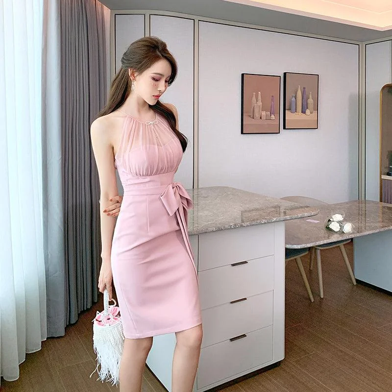 Formal Clothing For Women Pink Round Neck Woven Bow High Waist Midi Dress