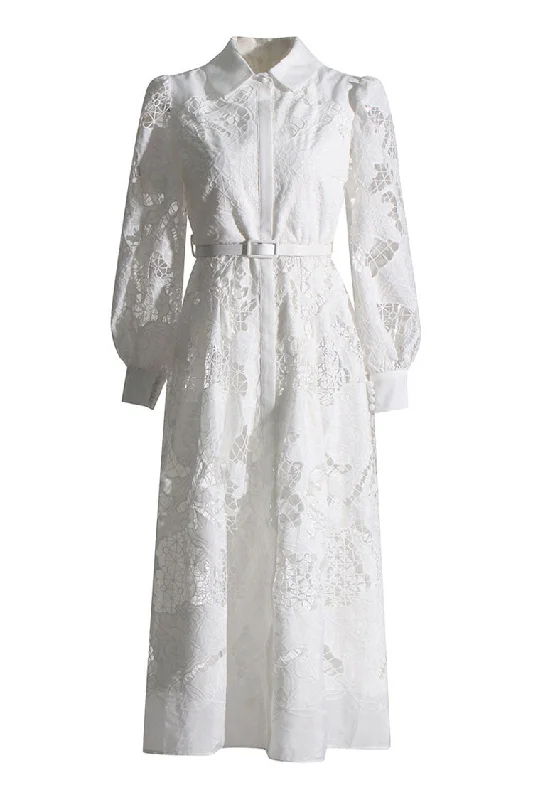 Modern Women's Outfit Elegant Collared Button Up Floral Cutwork Bishop Sleeve Shirt Midi Dress