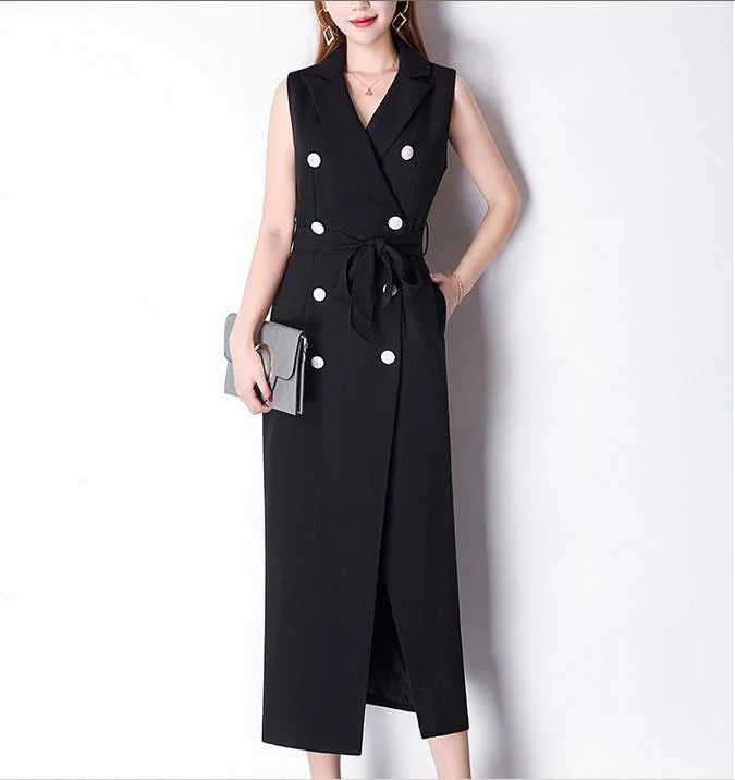 Women's Clothing Outfit Set Double-Breasted Vest Sleeveless Slim Belted Dress