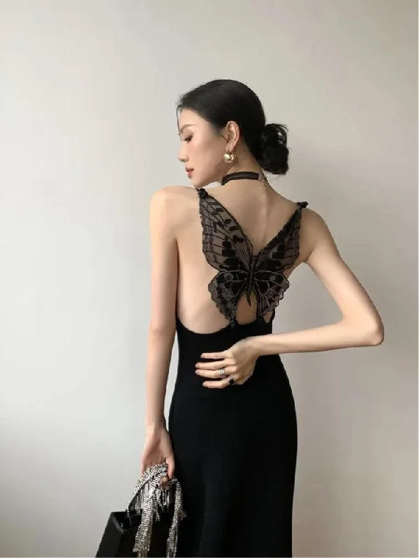 Women's Stylish Casual Garments Black Butterfly Back Midi Dress