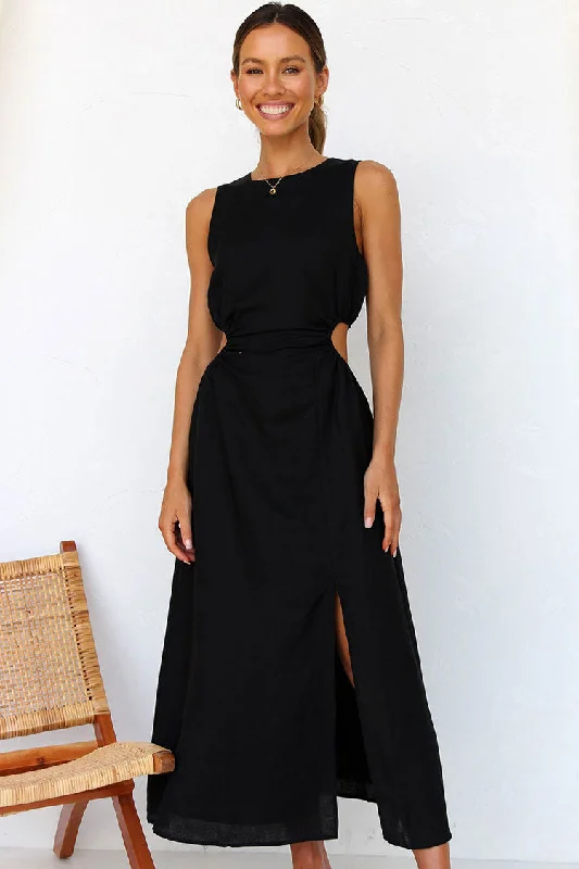 Women's Outerwear Garments Cool Crew Neck Ruched Cutout Waist Split Midi Summer Sundress - Black